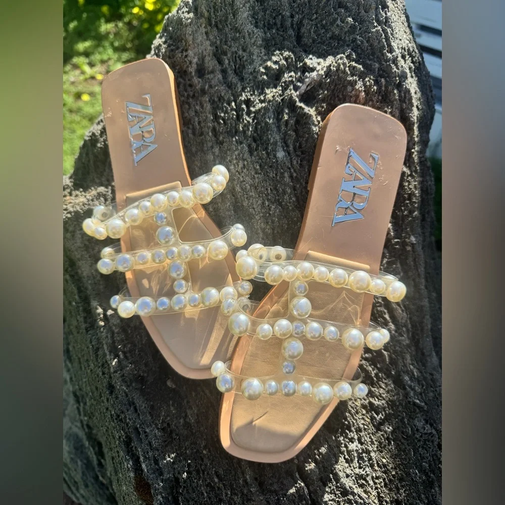 Zara Tan Pearl Embellished Sandals, Size 37(7) - Picture 9 of 10